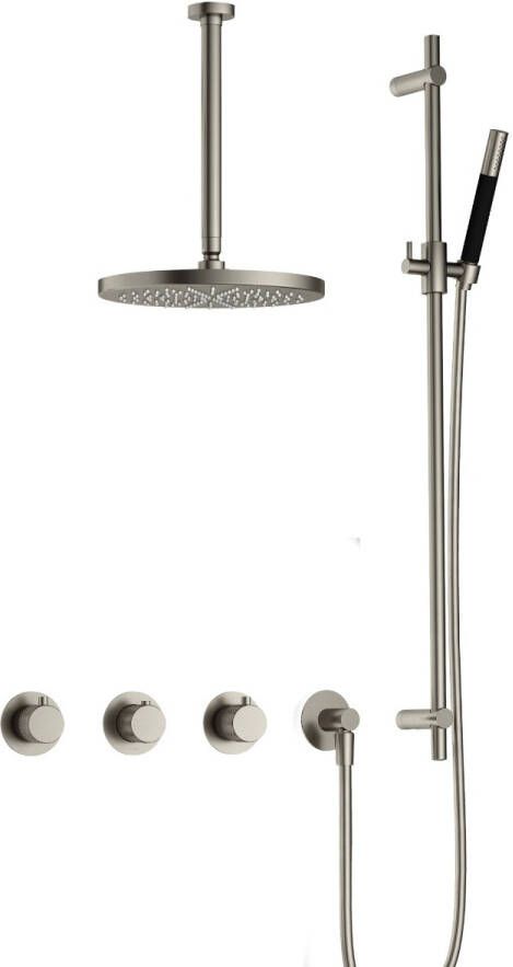 Hotbath Cobber X complete thermostatische douche inbouwset cobberx 70 met 2 stopkranen met plafondbuis 30 cm m106 en glijstang geborsteld nikkel