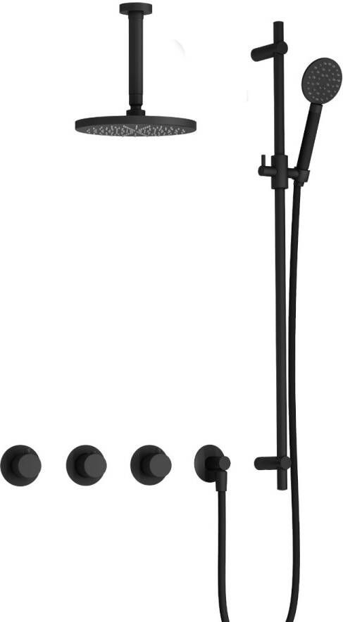 Hotbath Cobber X complete thermostatische douche inbouwset cobberx 70 met 2 stopkranen met ronde handdouche plafondbuis 15 cm en glijstang mat zwart