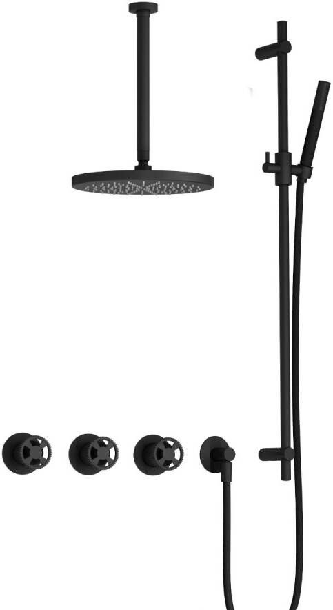 Hotbath Cobber IBSW70 Regendoucheset inbouw 30cm plafondarm 30cm ronde hoofddouche staafhanddouche glijstang mat zwart IBSW70BL357