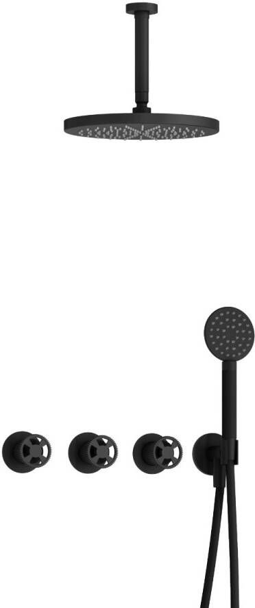Hotbath Cobber @work complete thermostatische douche inbouwset met 2 stopkranen en ronde handdouche plafondbuis 15 cm en m106 mat zwart