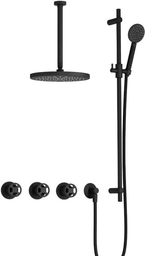 Hotbath Cobber @work complete thermostatische douche inbouwset met 2 stopkranen en ronde handdouche plafondbuis 30 cm en glijstang mat zwart