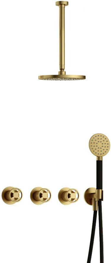 Hotbath Cobber @work complete thermostatische douche inbouwset met 2 stopkranen en ronde handdouche en plafondbuis 30 cm geborsteld messing pvd