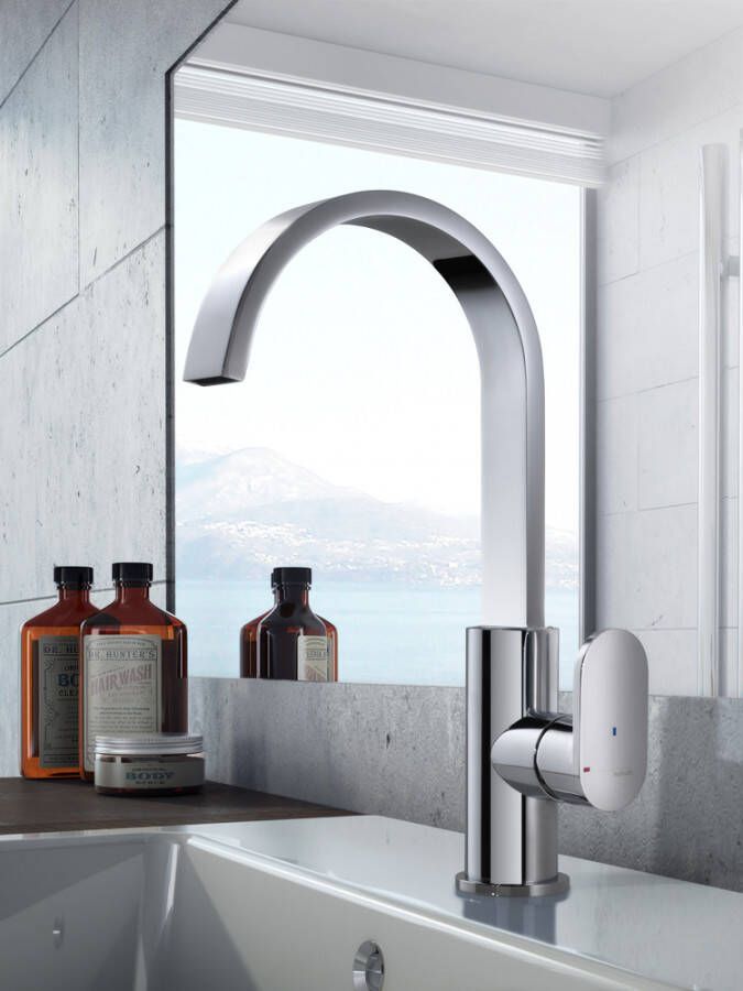 Hotbath Friendo F004C wastafelmengkraan hoog model met draaibare cascade uitloop zonder waste geborsteld nikkel - Foto 2