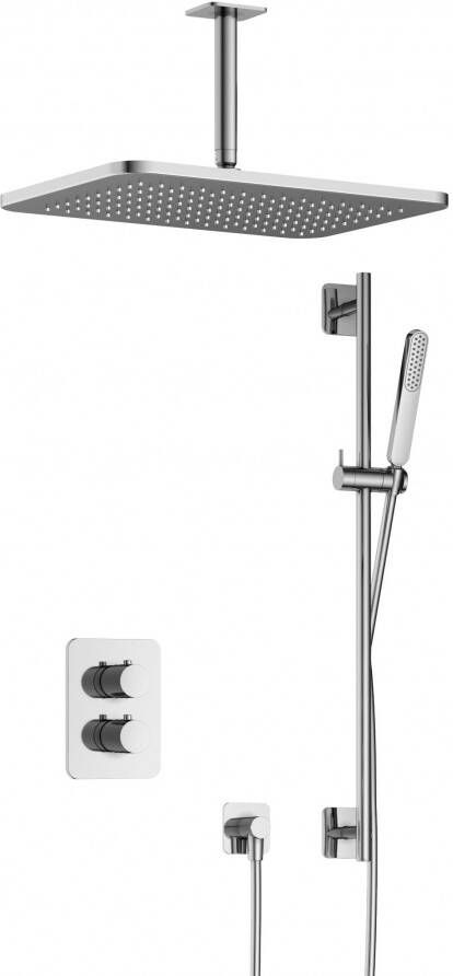 Hotbath Gal IBS40A complete thermostatische douche inbouwset met 2-weg stop omstel met 15cm plafondarm 27cm rechtoekige hoofddouche staafhanddouche met glijstang chroom IBS40ACR257