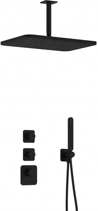 Hotbath Gal complete thermostatische high flow douche inbouwset gal met 2 stopkranen met plafondbuis en 40 cm hoofddouche mat zwart