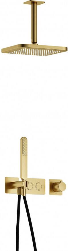 Hotbath Gal IBS41 complete thermostatische douche inbouwset met 2 pushbuttons met 15cm plafondarm 22cm vierkante hoofddouche staafhanddouche messing geborsteld PVD IBS41BBP2