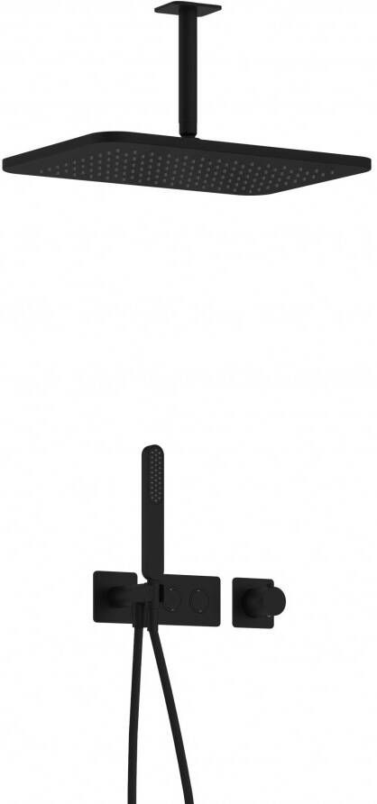 Hotbath Gal IBS41 complete thermostatische douche inbouwset met 2 pushbuttons met 15cm plafondarm 27cm rechtoekige hoofddouche staafhanddouche zwart mat IBS41BL25