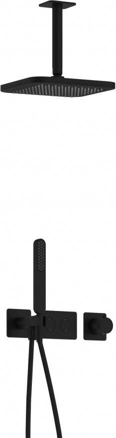 Hotbath Gal IBS41 complete thermostatische douche inbouwset met 2 pushbuttons met 15cm plafondarm 22cm vierkante hoofddouche staafhanddouche zwart mat IBS41BL2