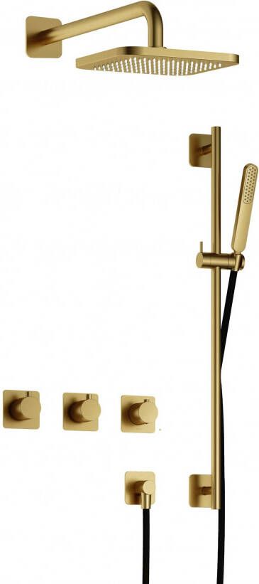 Hotbath Gal IBSGL70 complete thermostatische douche inbouwset met 2 stopkranen met 35cm wandarm 22cm vierkante hoofddouche staafhanddouche met glijstang messing geborsteld PVD IBSGL70BBP7