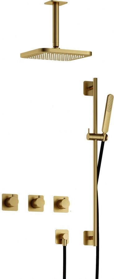 Hotbath Gal IBSGL70 complete thermostatische douche inbouwset met 2 stopkranen met 15cm plafondarm 22cm vierkante hoofddouche staafhanddouche met glijstang messing geborsteld PVD IBSGL70BBP27