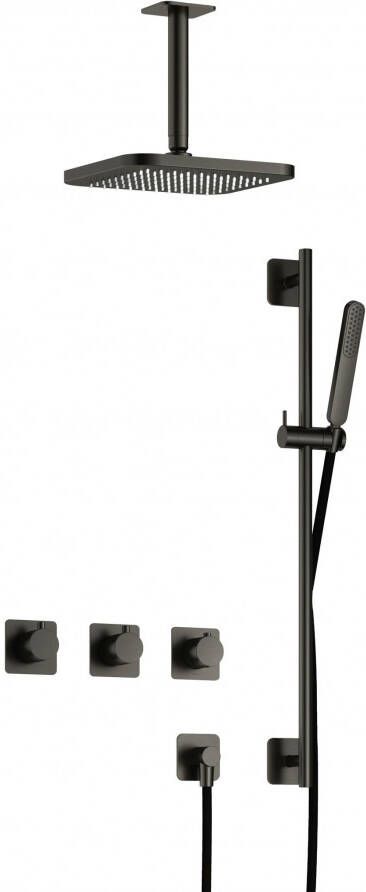 Hotbath Gal IBSGL70 complete thermostatische douche inbouwset met 2 stopkranen met 15cm plafondarm 22cm vierkante hoofddouche staafhanddouche met glijstang Gunmetal geborsteld PVD IBSGL70BGP27