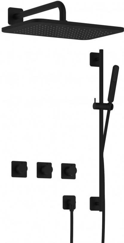 Hotbath Gal IBSGL70 Thermostatische doucheset inbouw 2 stopkranen 35cm wandarm 27cm rechtoekige hoofddouche staafhanddouche glijstang zwart mat IBSGL70BL57