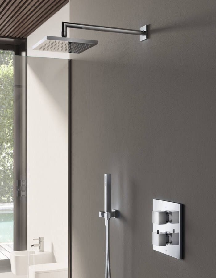 Hotbath Get together IBS4A complete thermostatische douche inbouwset Bloke met 2-weg stop omstel met 35cm wandarm 20x20cm vierkante hoofddouche staafhanddouche nikkel geborsteld IBS4AGN - Foto 3