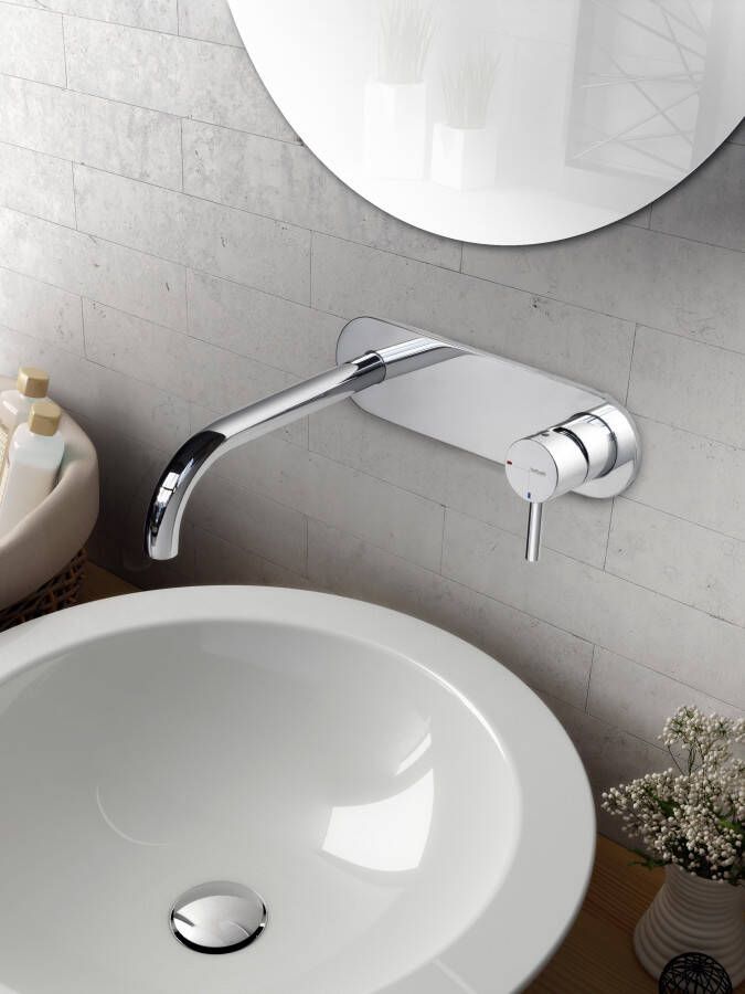 Hotbath Laddy L006J inbouw wastafelmengkraan met gebogen uitloop op achterplaat geborsteld nikkel - Foto 2