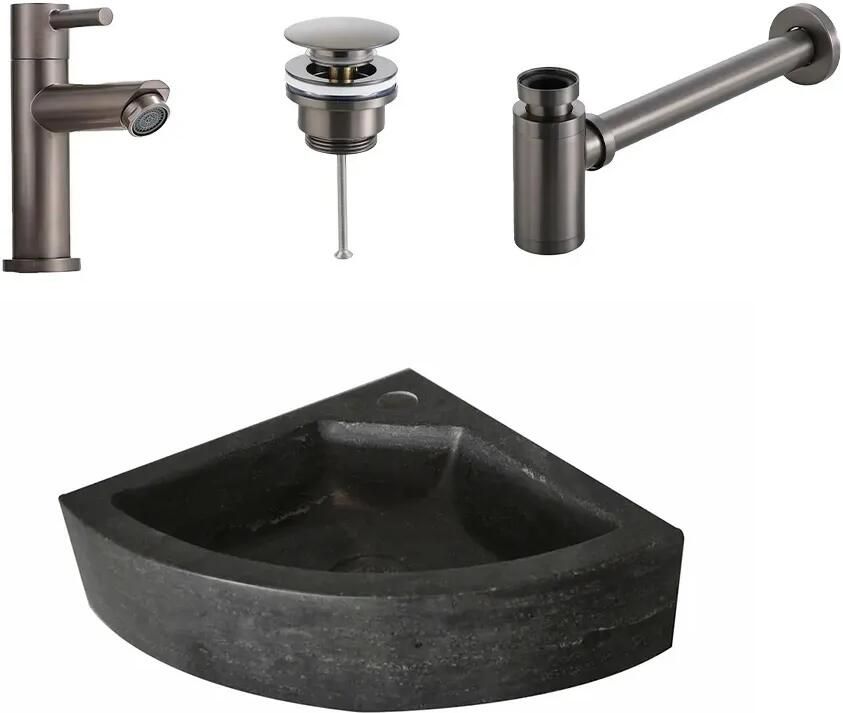 Lambini Designs Corner natuursteen fonteinset met gunmetal kraan en toebehoren