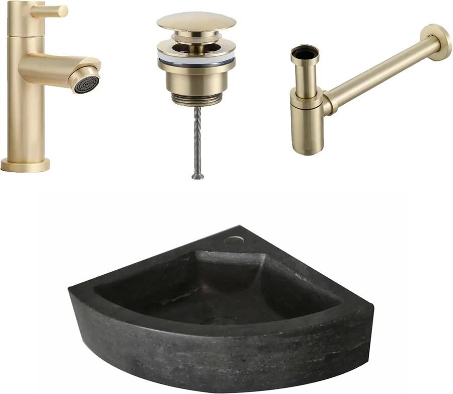 Lambini Designs Corner natuursteen fonteinset met messing kraan en toebehoren