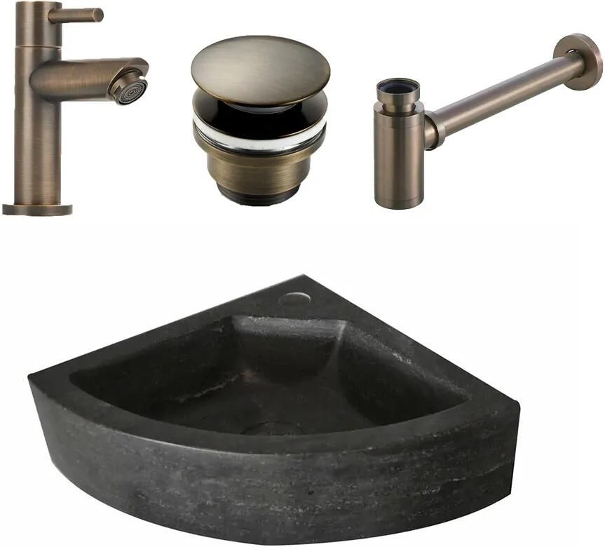 Lambini Designs Corner natuursteen fonteinset met verouderd messing kraan en toebehoren