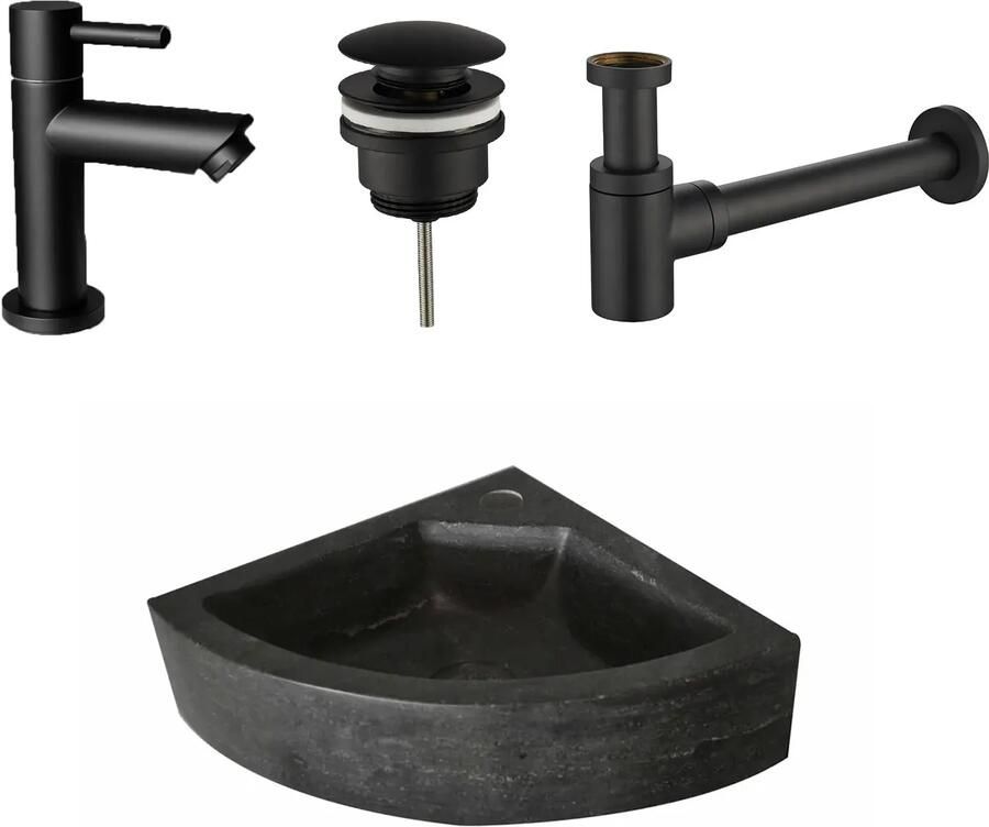 Lambini Designs Corner natuursteen fonteinset met zwarte kraan en toebehoren