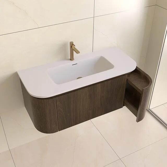 Lambini Designs Eleganza rond badmeubel 100cm dark walnut met ribbelfront en wastafel met kraangat