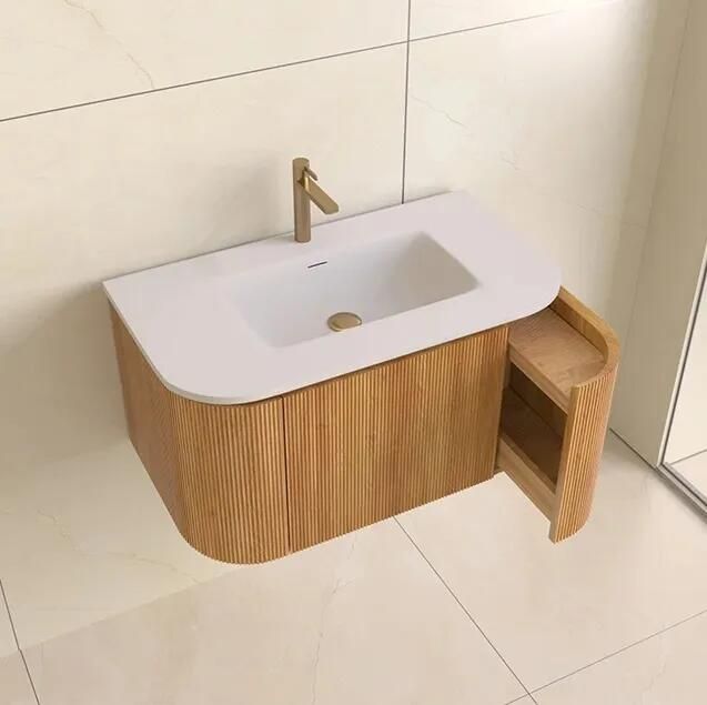 Lambini Designs Eleganza rond badmeubel 100cm acacia met ribbelfront en wastafel met kraangat