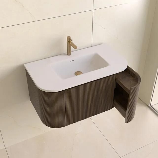 Lambini Designs Eleganza rond badmeubel 80cm dark walnut met ribbelfront en wastafel met kraangat