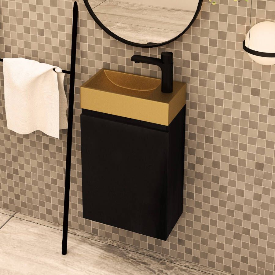 MD Interior Blessed toiletmeubel zwart mangohout links met fontein mat goud rechts