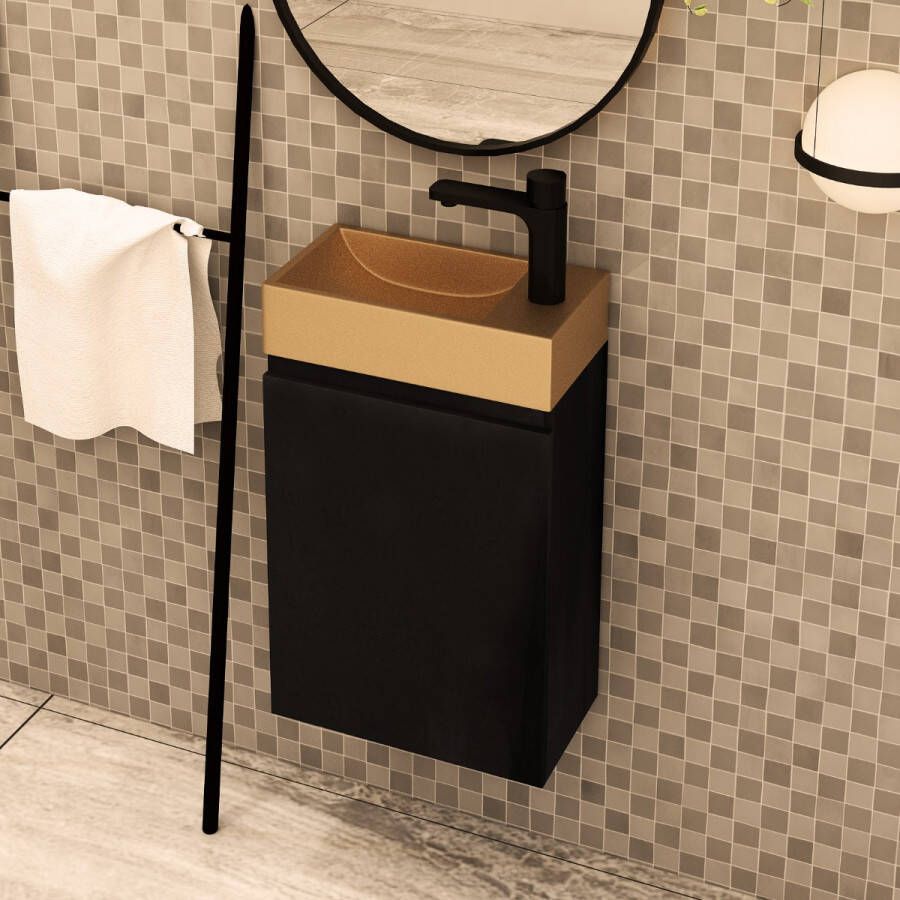 MD Interior Blessed toiletmeubel zwart mangohout links met fontein mat rosé goud rechts