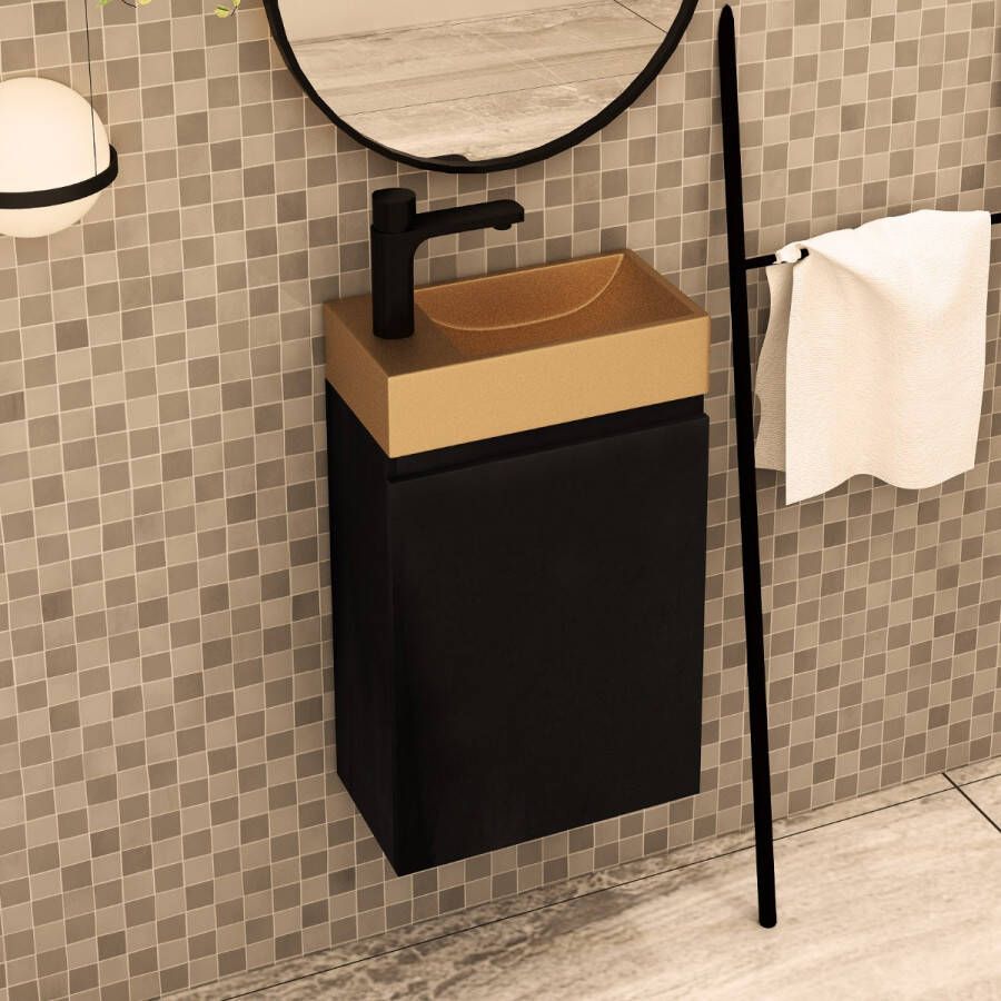 MD Interior Blessed toiletmeubel zwart mangohout rechts met fontein mat rosé goud links