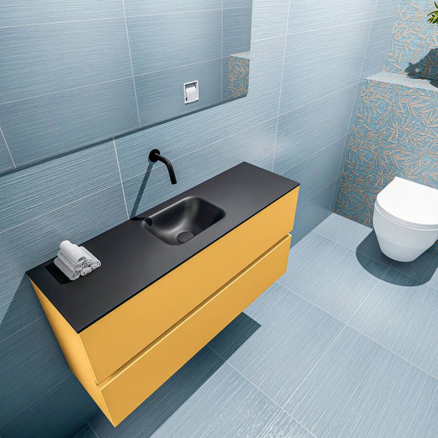 Mondiaz ADA Toiletmeubel 100x30x50cm met 0 kraangaten 2 lades ocher mat Wastafel Lex midden Solid Surface Zwart FK75342220 - Foto 2