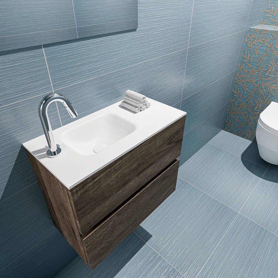 Mondiaz ADA Toiletmeubel 60x30x50cm 1 kraangat 2 lades dark brown mat wasbak links Solid surface Wit FK75342006