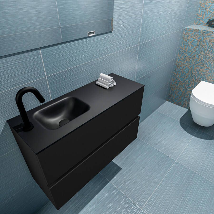 Mondiaz ADA Toiletmeubel 80x30x50cm met 1 kraangaten 2 lades urban mat Wastafel Lex links Solid Surface Zwart FK75342099