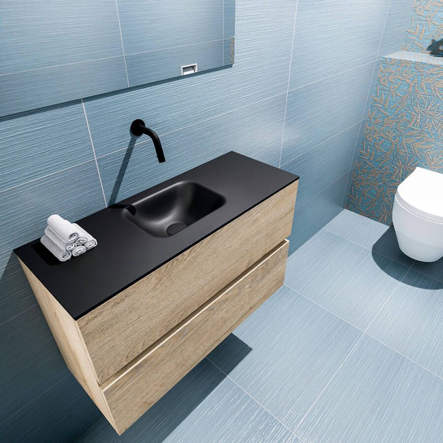 Mondiaz ADA Toiletmeubel 80x30x50cm 0 kraangaten 2 lades washed oak mat wasbak midden Solid surface Zwart FK75342330