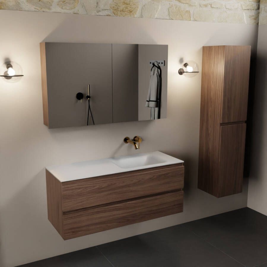 Mondiaz Aivy badmeubel 120cm mocha met wastafel solid surface talc rechts zonder kraangat en spiegel