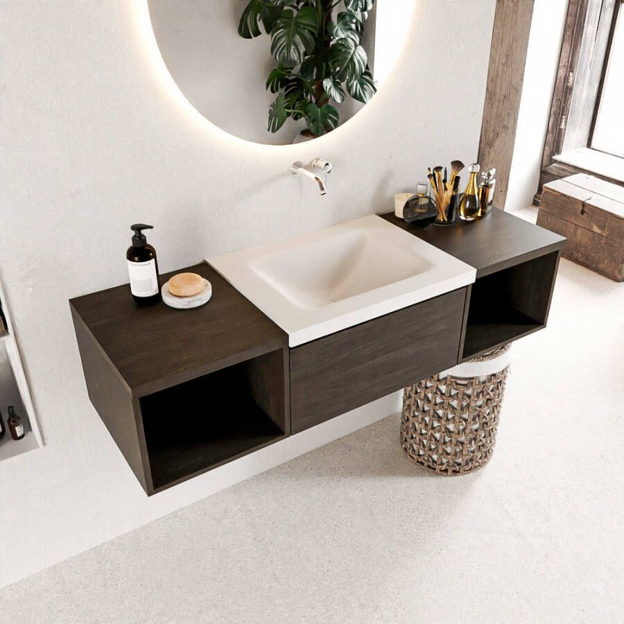 Mondiaz Bukla 140cm badmeubel met open module 40 L+R Dark Brown met 2 lades wastafel Cloud midden 0 kraangaten Urban