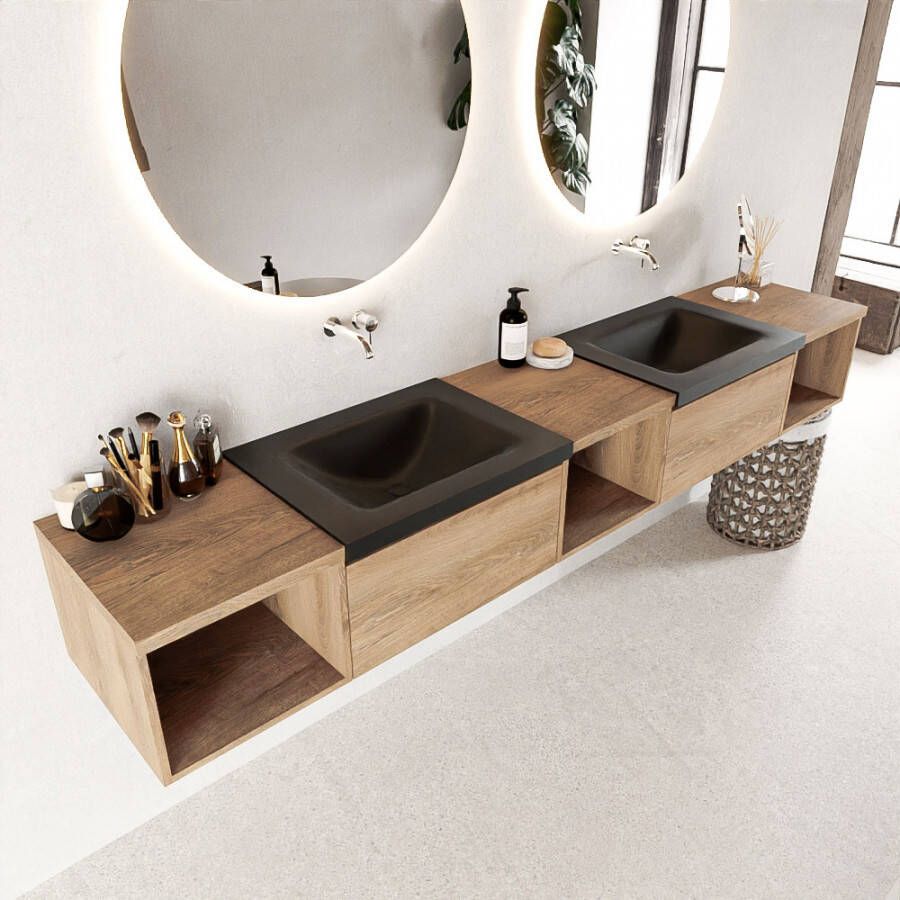 Mondiaz Bukla 240cm badmeubel met open module 40 L+M+R Washed Oak met 2 lades wastafel Cloud dubbel 0 kraangaten Talc