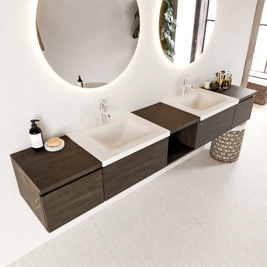 Mondiaz Bukla 240cm badmeubel met open module 40 midden Dark Brown met 4 lades wastafel Cloud dubbel 2 kraangaten Urban