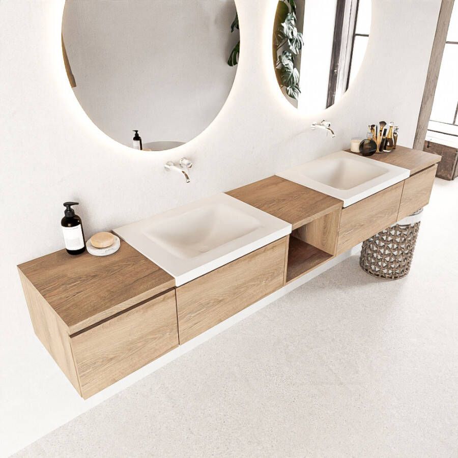 Mondiaz Bukla 240cm badmeubel met open module 40 midden Washed Oak met 4 lades wastafel Cloud dubbel 2 kraangaten Urban