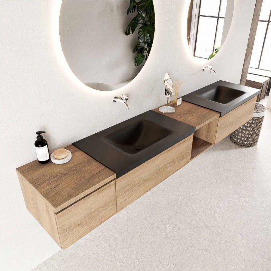 Mondiaz Bukla 240cm badmeubel met open module 40 rechts Washed Oak met 3 lades wastafel Cloud dubbel 2 kraangaten Urban
