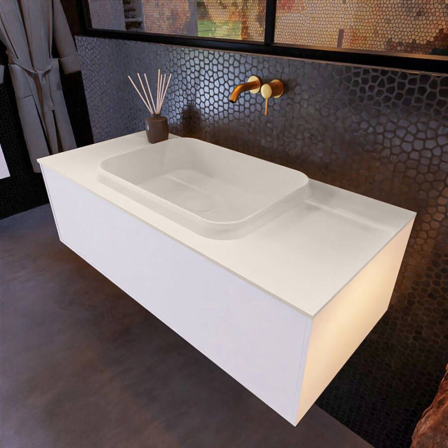 Mondiaz Erin 100cm badmeubel Carrara met 1 lade en beige wastafel midden zonder kraangaten