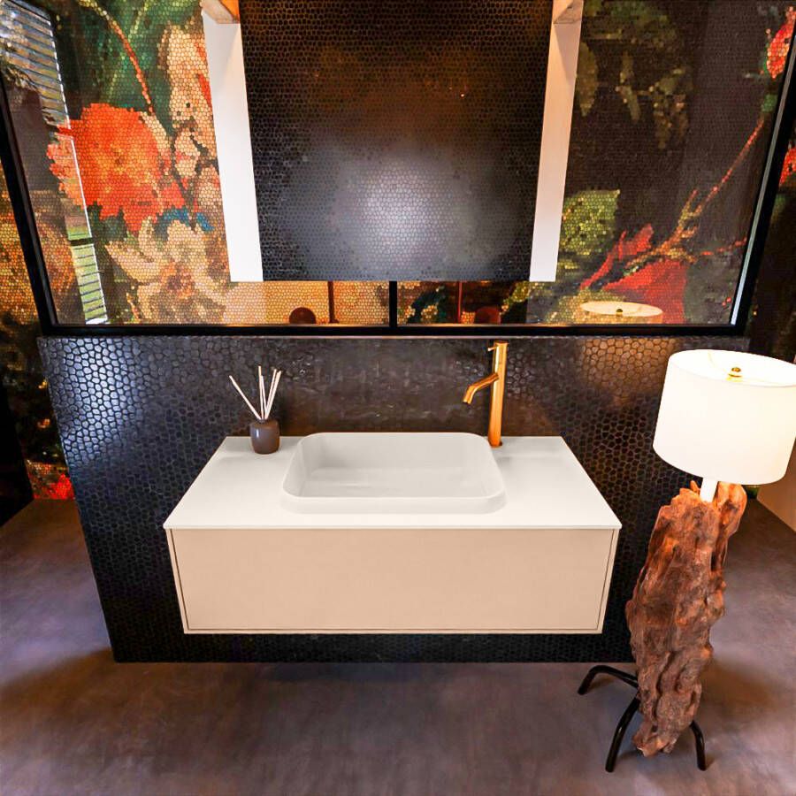 Mondiaz ERIN 100cm badmeubelset onderkast kleur Rosee met 1 lade Wastafel RIDGE midden 1 kraangat kleur Linen ERIN12724