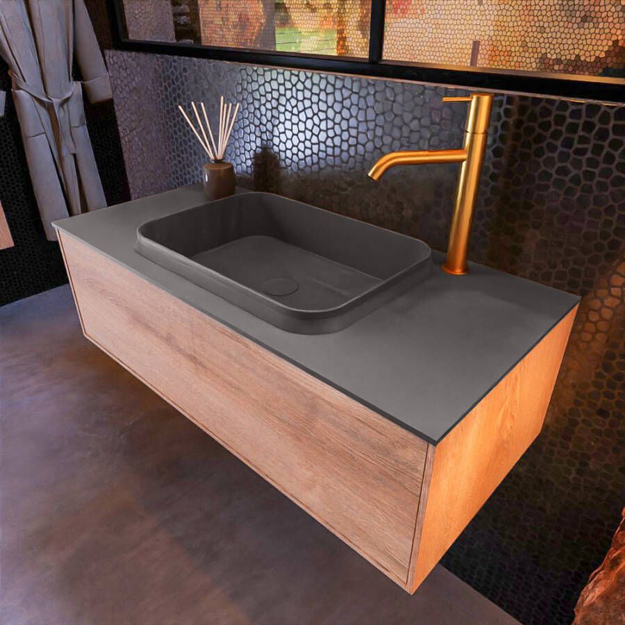 Mondiaz ERIN 100cm badmeubelset onderkast kleur Washed oak met 1 lade Wastafel RIDGE midden 1 kraangat kleur Dark grey ERIN12180 - Foto 2