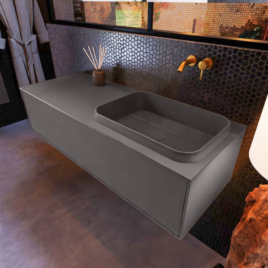 Mondiaz ERIN 120cm badmeubelset onderkast kleur Dark grey met 1 lade Wastafel RIDGE rechts zonder kraangaten kleur Dark grey ERIN11741