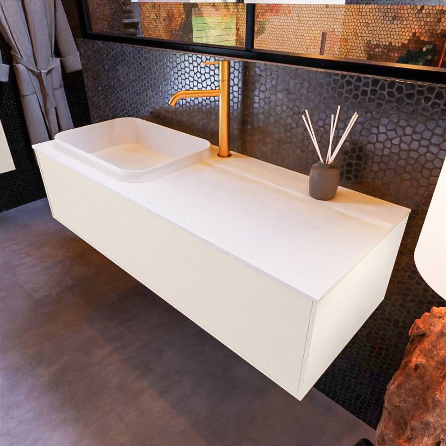 Mondiaz ERIN 120cm badmeubelset onderkast kleur Linen met 1 lade Wastafel RIDGE links 1 kraangat kleur Talc ERIN10077