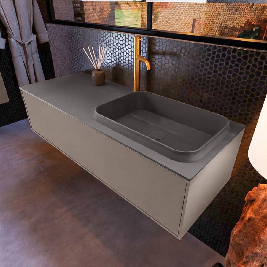 Mondiaz ERIN 120cm badmeubelset onderkast kleur Smoke met 1 lade Wastafel RIDGE rechts 1 kraangat kleur Dark grey ERIN11676
