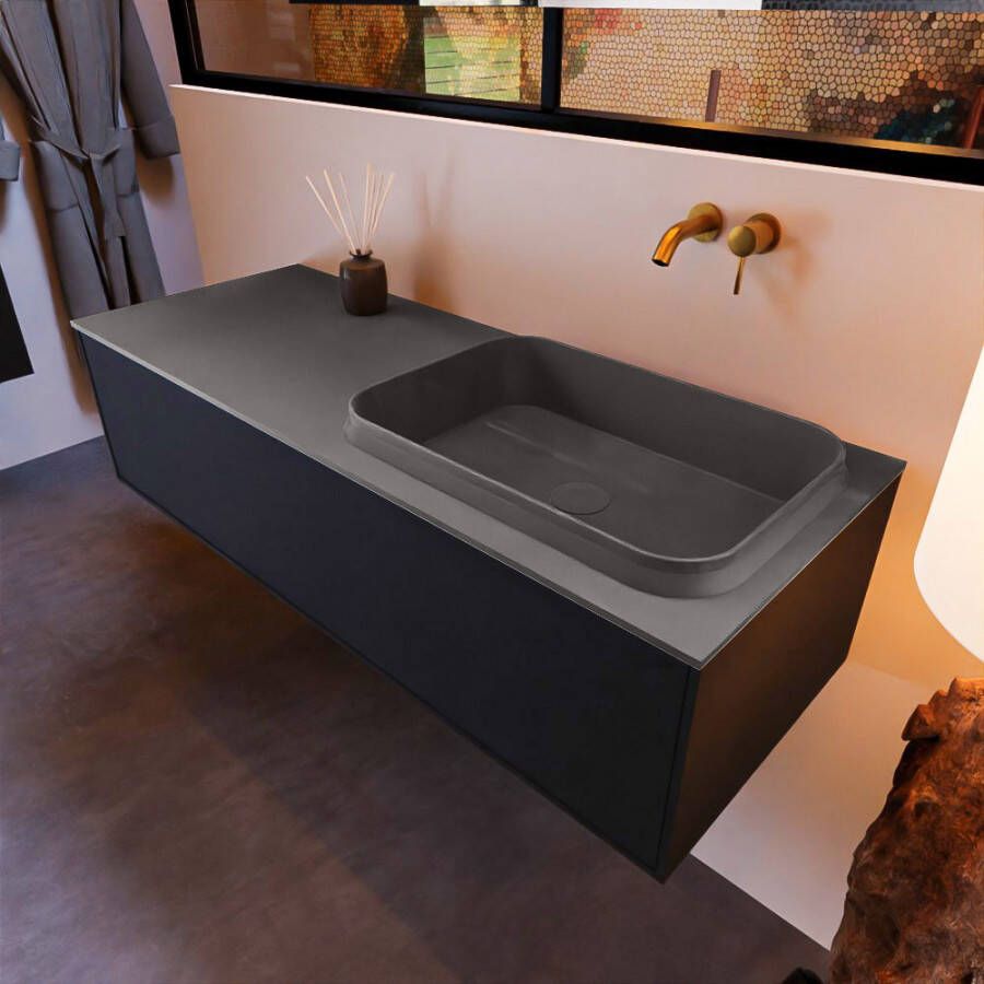 Mondiaz ERIN 120cm badmeubelset onderkast kleur Urban met 1 lade Wastafel RIDGE rechts zonder kraangaten kleur Dark grey ERIN11537