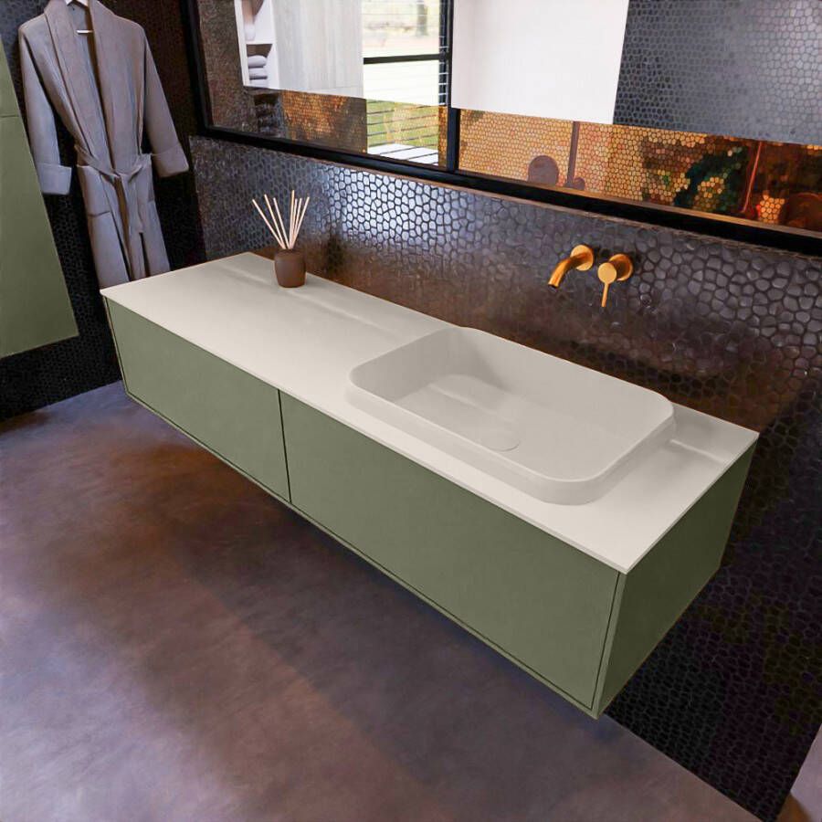 Mondiaz Erin 150cm badmeubel Army met 2 lades en beige wastafel rechts zonder kraangaten