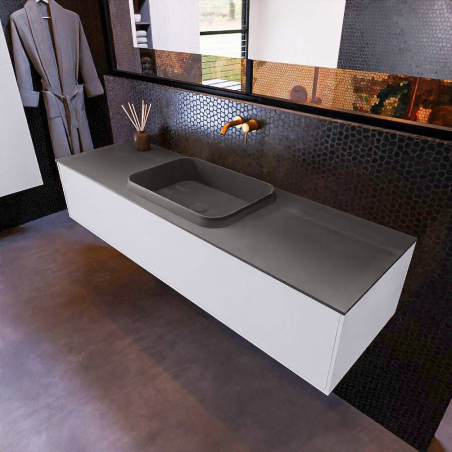 Mondiaz Erin 150cm badmeubel Cale met 1 lade en donkergrijze wastafel midden zonder kraangaten