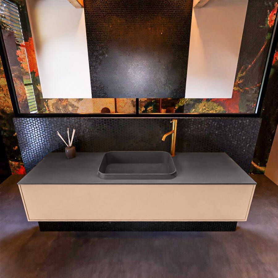 Mondiaz ERIN 150cm badmeubelset onderkast kleur Rosee met 1 lade Wastafel RIDGE midden 1 kraangat kleur Dark grey ERIN11987