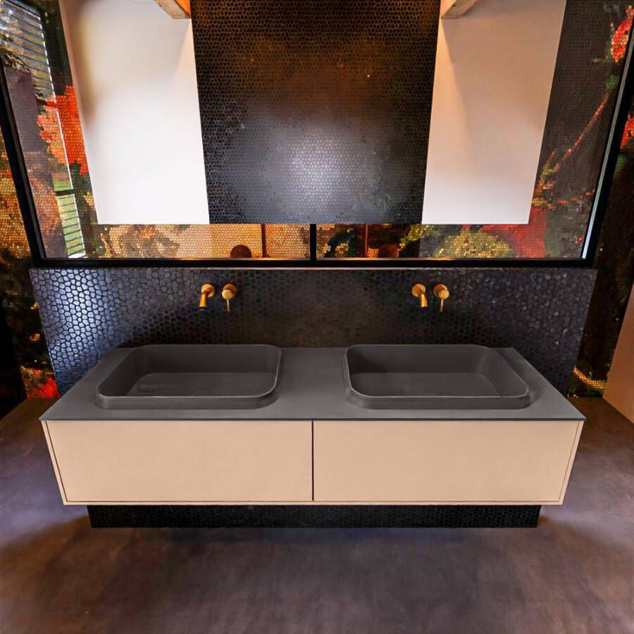 Mondiaz ERIN 150cm badmeubelset onderkast kleur Rosee met 2 lades Wastafel RIDGE dubbel zonder kraangaten kleur Dark grey ERIN11997