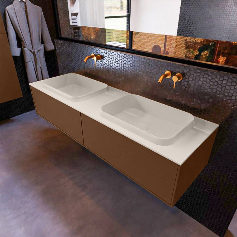 Mondiaz Erin 150cm badmeubel Rust met 2 lades en beige wastafel dubbel zonder kraangaten